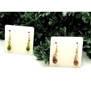 Set Of 2 Pairs Gold Tone Drop Earrings With Green & Brown Glass Teardrops